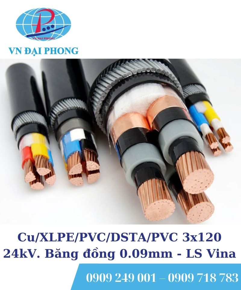 Dây cáp điện LS Vina Cu/XLPE/PVC/DSTA/PVC 3x120 24kV. Băng đồng 0.09mm